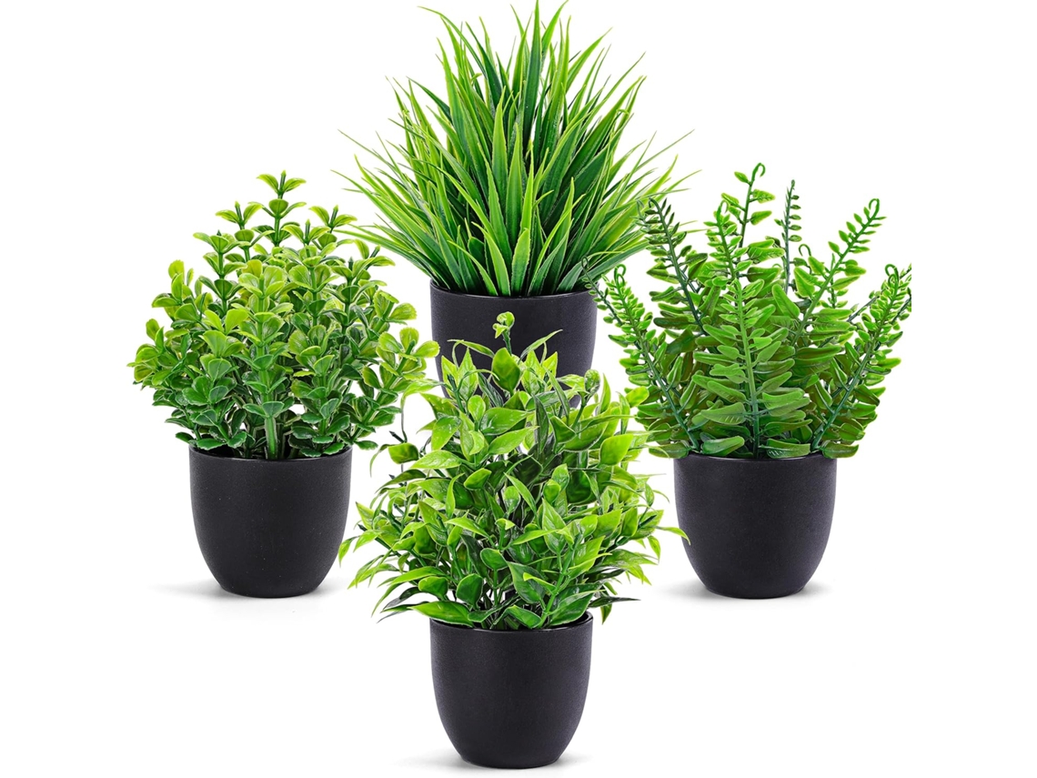 Conjunto de 4 Plantas Artificiais Pequenas em Vaso Preto para Decoração Banheiro, Casa, Escritório e Mesa BRILVIBERA