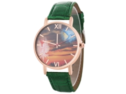 Relógio Zhoulianfa Quartz com pulseira de couro PU e mostrador redondo, ideal para estudantes e casais, na cor verde.