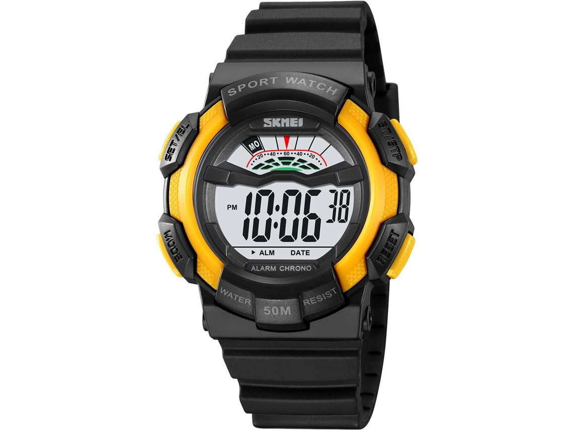 Lurelia Relógio Digital Masculino, Visor Digital, Led, Cronómetro, Alarme, Data/calendário, 12/24h, Resina, Abs, Preto, Amarelo
