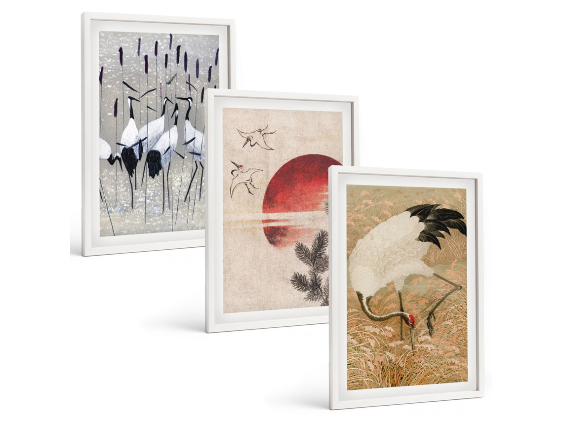 Composição De Quadros Na Parede Garças Japonesas, Paisagem Moldura Branca Quadros Para O Escritório Espelharte (3 Piezas De 40x60 Cm)