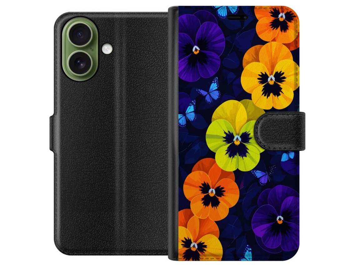 Capa Carteira Compatível Com Apple Iphone 17. Estampa Colorida De Amor-perfeito Em Tons De Laranja, Amarelo E Roxo Com Borboletas Azuis Sobre Um Fundo