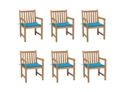 Vidaxl Cadeiras De Jardim C/ Almofadões Azuis 6 Pcs Teca Maciça