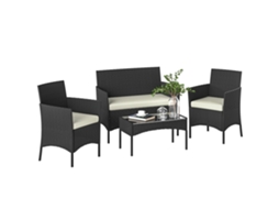 Conjunto De Móveis De - Preto E Creme - Jardim Em Vime Sintético Com Sofá Poltronas E Mesa De Vidro Temperado Com Almofadas