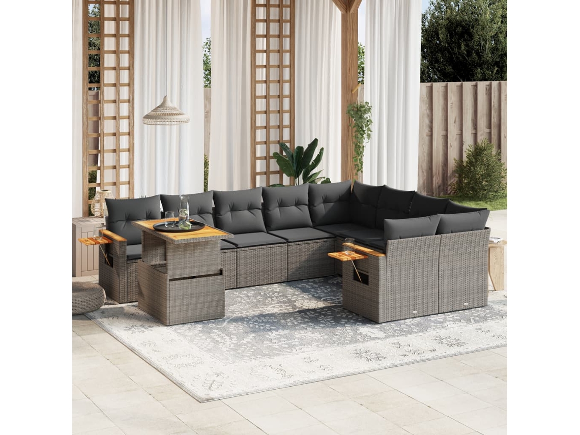 Jogo de Sofá Jardim 10 Peças C/ Almofadões Vime Pe Cinza Dkd Home Decor