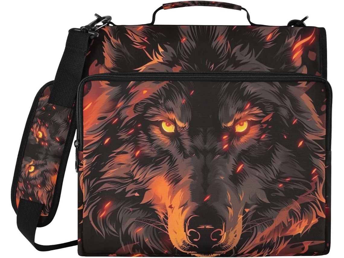 Organizador de bolsa Fiery Wolf com 3 argolas, tecido resistente à água, compartimento para laptop e camada adesiva.