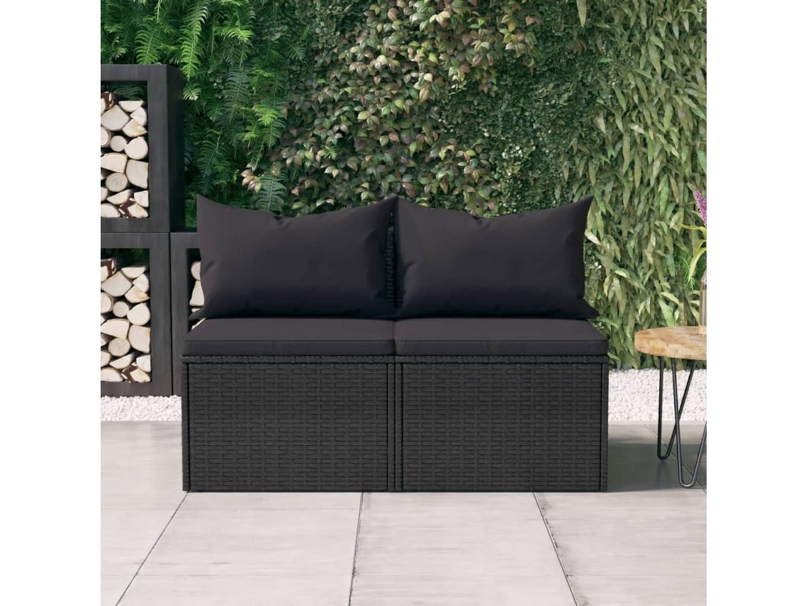 Vidaxl Sofás De Centro P/ Jardim C/ Almofadões 2 Pcs Vime Pe Preto