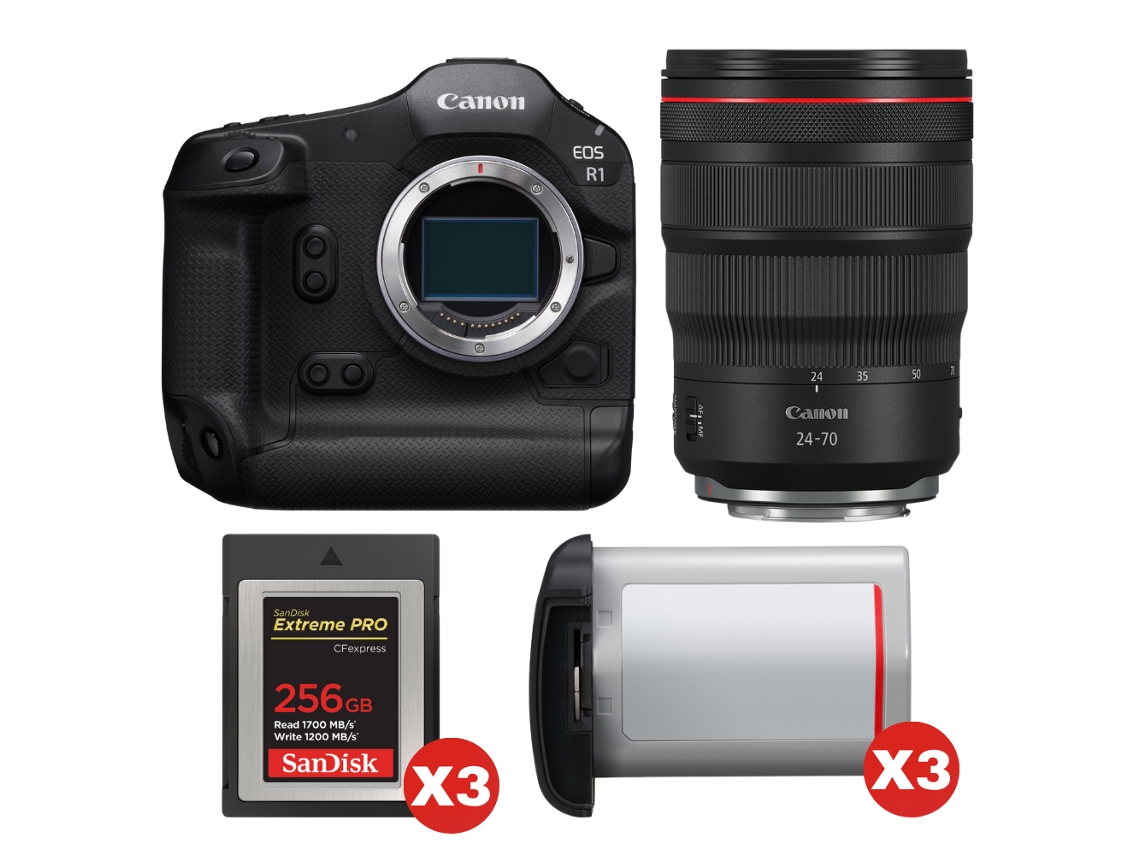 Eos R1 + Rf 24 70mm F/2.8 L Is Usm + 3 Sandisk 256gb Extreme Pro Cfexpress Type B + 3 Canon Lp e19 + Ebook Pricedirect CANON