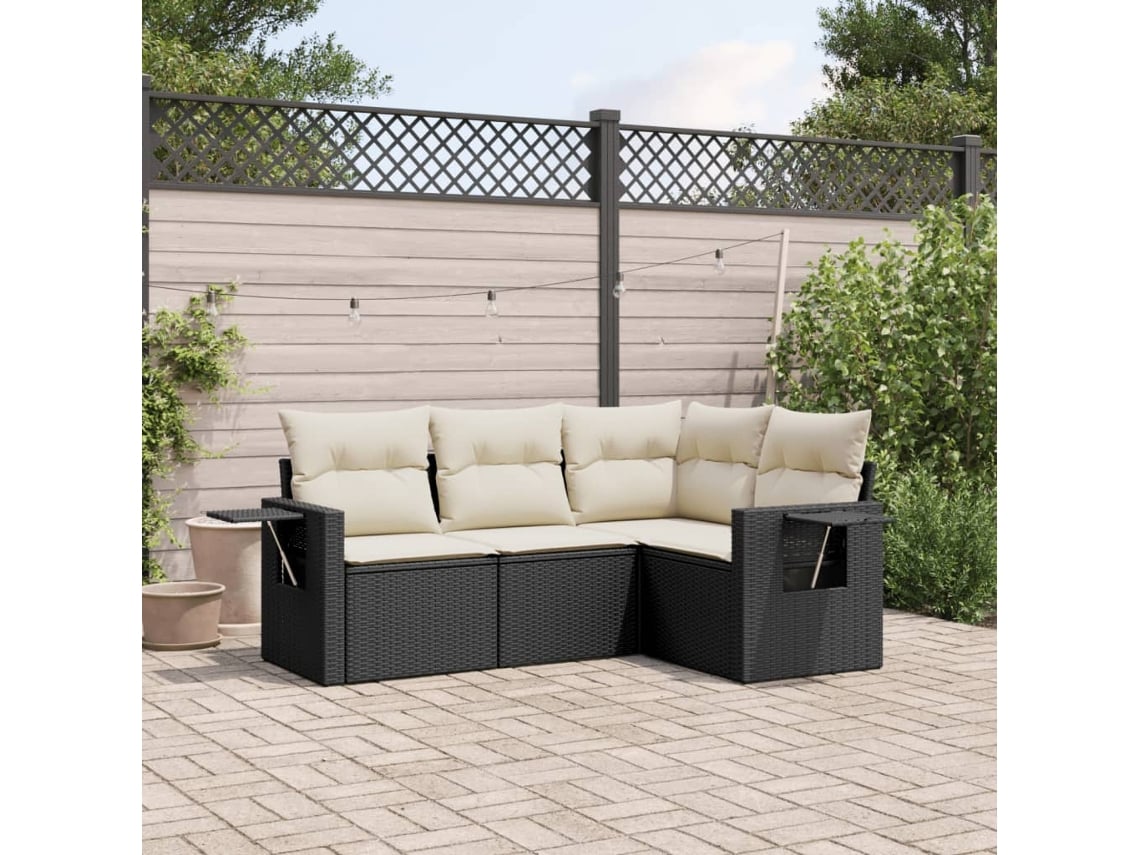 4 Pcs Conjunto De Sofás Para Jardimconjuntos Relax Jardimconjunto De Jantar C/ Almofadões Vime Pe Preto Cfw371258 Lovely Home