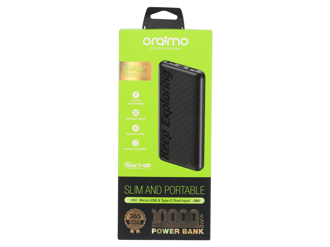 Carregador portátil 10000mah Oraimo Opb p118d preto, fonte portátil