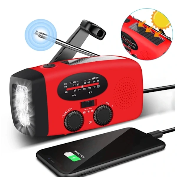 Rádio De Emergência Com Manivela Preta/vermelha, Célula Solar, Lanterna E Bateria Externa De 2000mah, Modelo Survival 200 Vermelho. Brilvibera