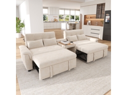 Sofá U Convertível Com Cama Dupla, Encosto Ajustável, Mesa Com Porta-copos E 4 Almofadas, Chenille Bege