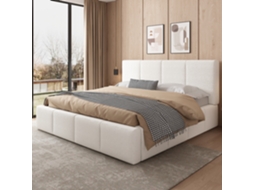 Cama Estofada, Cama De Casal, 180 X 200cm, Cama Com Base Com Ripas, Cabeceira Da Cama, Cabeceira Estofada, Bouclé Bege-op