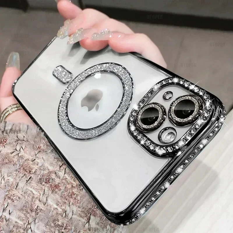 (iphone 14 Plus, Preto) Capa Transparente E Brilhante Com Cristais Para Iphone, Compatível Com Carregamento Sem Fio Magnético Magsafe.