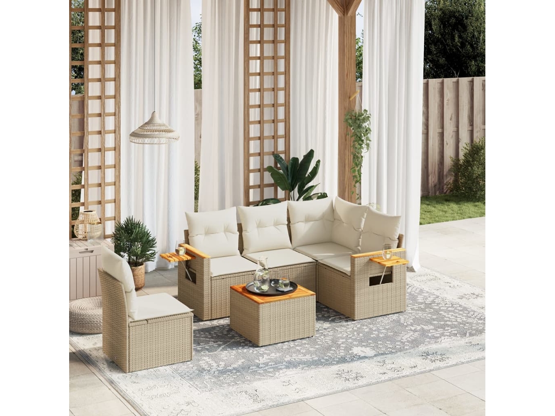Conjunto de 6 Sofás para Jardim com Almofadas Vime Pe Bege Dkd Home Decor