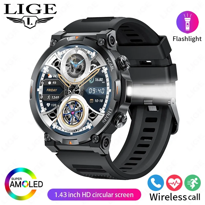 Relógio Inteligente (silicone Preto) Com Tela De 1,43 Polegadas, Monitoramento De Saúde, Lanterna Esportiva E Chamadas Bluetooth.