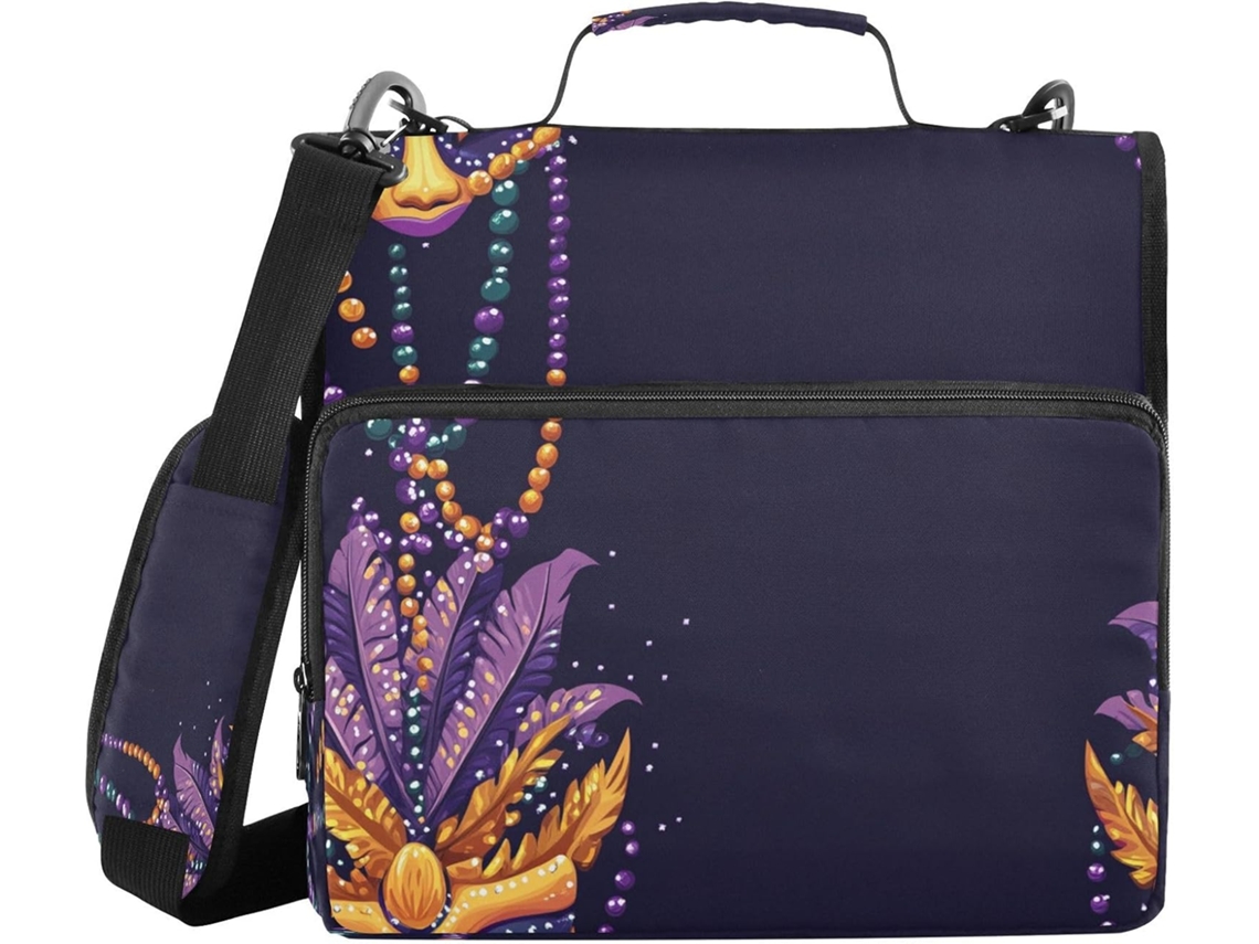 Pasta com máscaras de contas de carnaval, 3 aros, 1,5 polegadas, com zíper e alça de ombro, inclui bolsa com zíper.