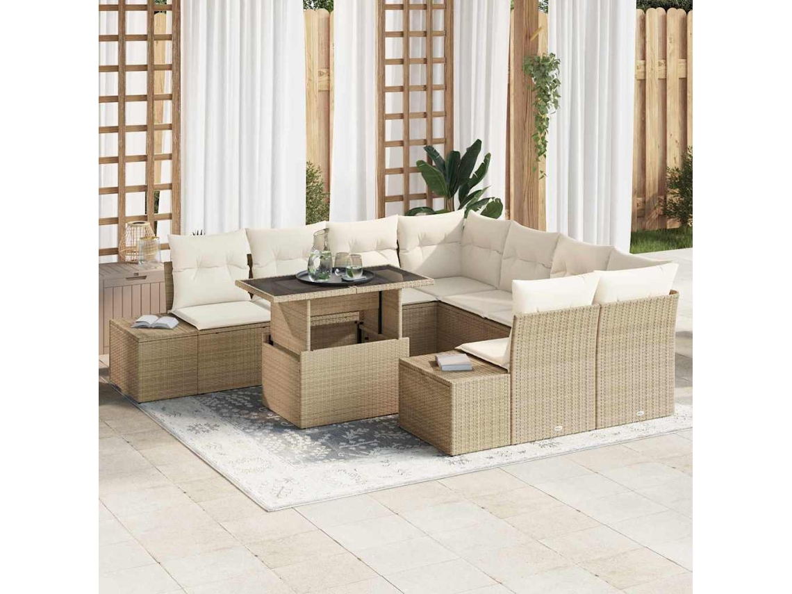 Vidaxl Conjunto De Sofá De Jardim 9 Unid. Bege E Creme Vime Pe