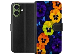 Capa Carteira Compatível Com Apple Iphone 17. Estampa Colorida De Amor-perfeito Em Tons De Laranja, Amarelo E Roxo Com Borboletas Azuis Sobre Um Fundo