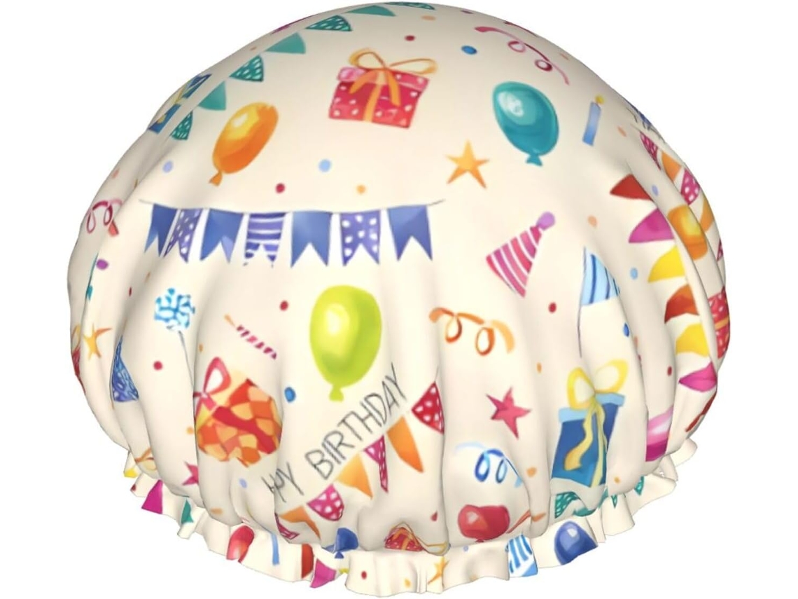 Touca De Banho Colorida Com Estampa Felicitações Aniversário – Reutilizável, Dupla Camada, Item Essencial Para Viagens