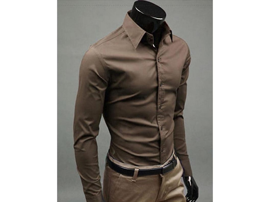 2026 camisas de Luxo para Homem Casual Formal com Colarinho Liso, Manga Longa e Slim Fit Eks L Marrón