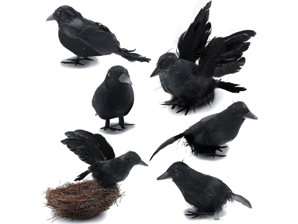 6 Peças Corvos Negros de Halloween Penas Corvos Decorações de Halloween 3 Estilos