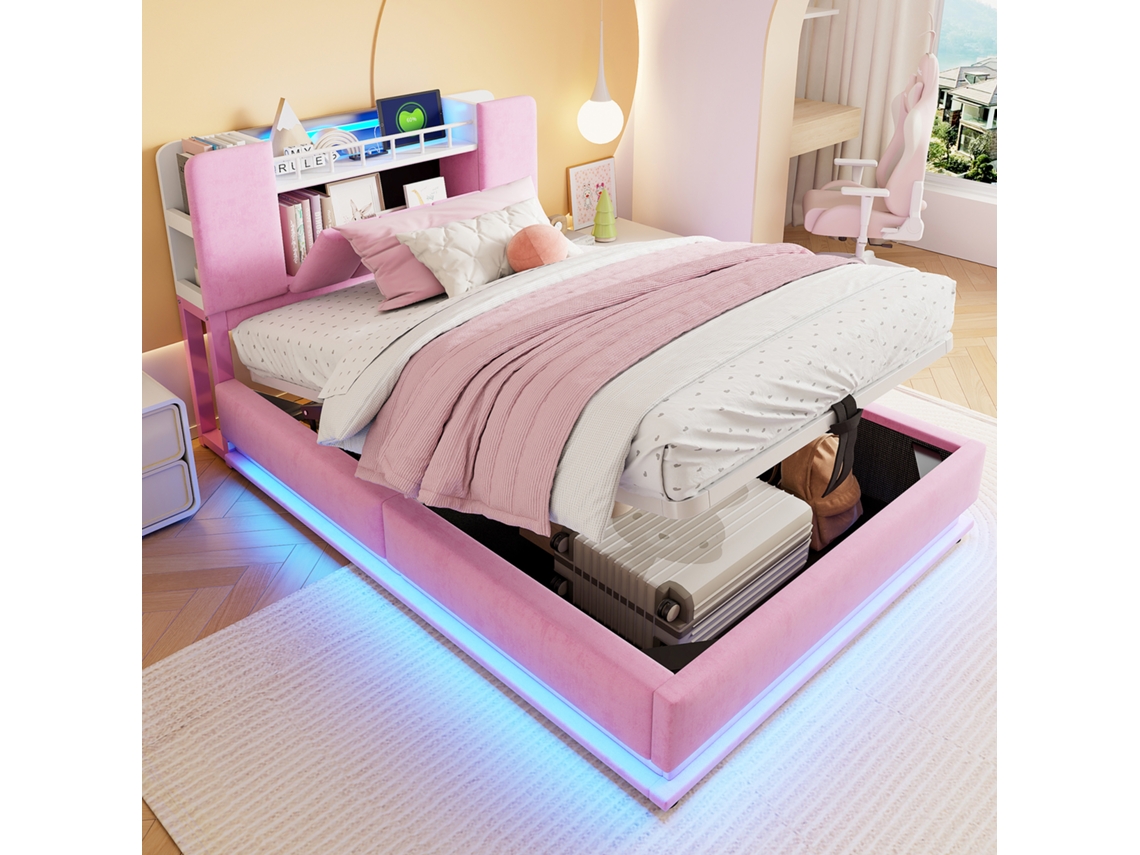Cama Box Infantil Inteligente, 90x200cm, Com Led, Usb, Baú Hidráulico, Veludo Rosa E Estrutura Metálica.
