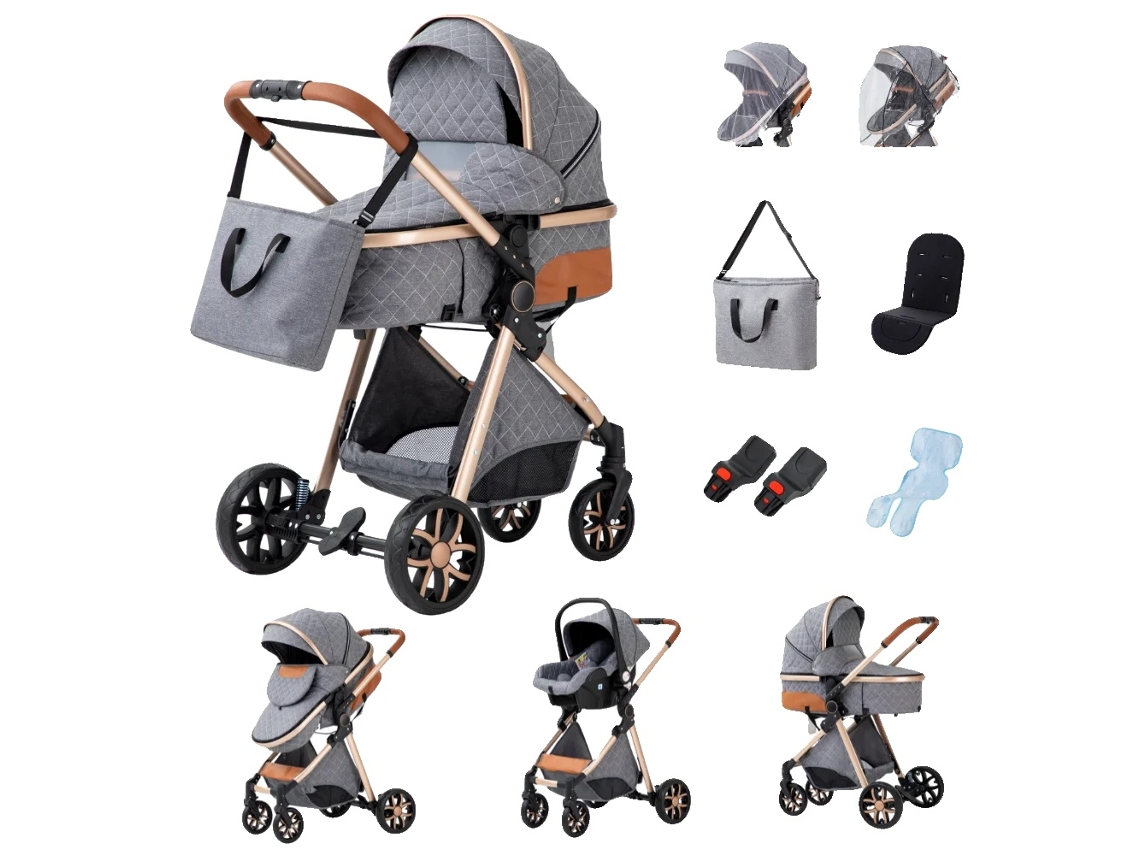 Carrinho De Bebê, Design 3 Em 1, Grande Capota, V9 Cinza