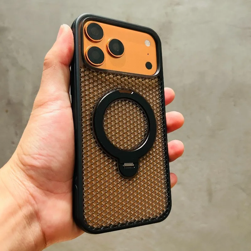 Capa Protetora Térmica Com Suporte Giratório E Design Em Favo De Mel (preta) Para Iphone 16 Pro, Compatível Com Magsafe.