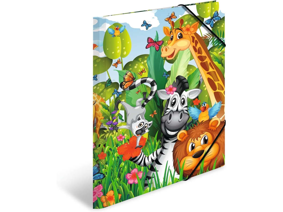 Pasta A3 Com Tema De Selva, Pasta De Papelão Com Fecho De Canto, Estampa Infantil, Elástico No Fecha Gokoco