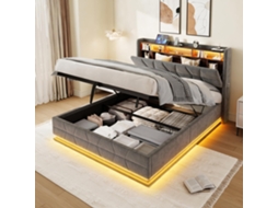 Cama de casal 160x200cm, LED, USB c, com compartimentos, estrado pneumático, capacidade 300kg, sem colchão, cinza escuro/bege, KOMHTOM