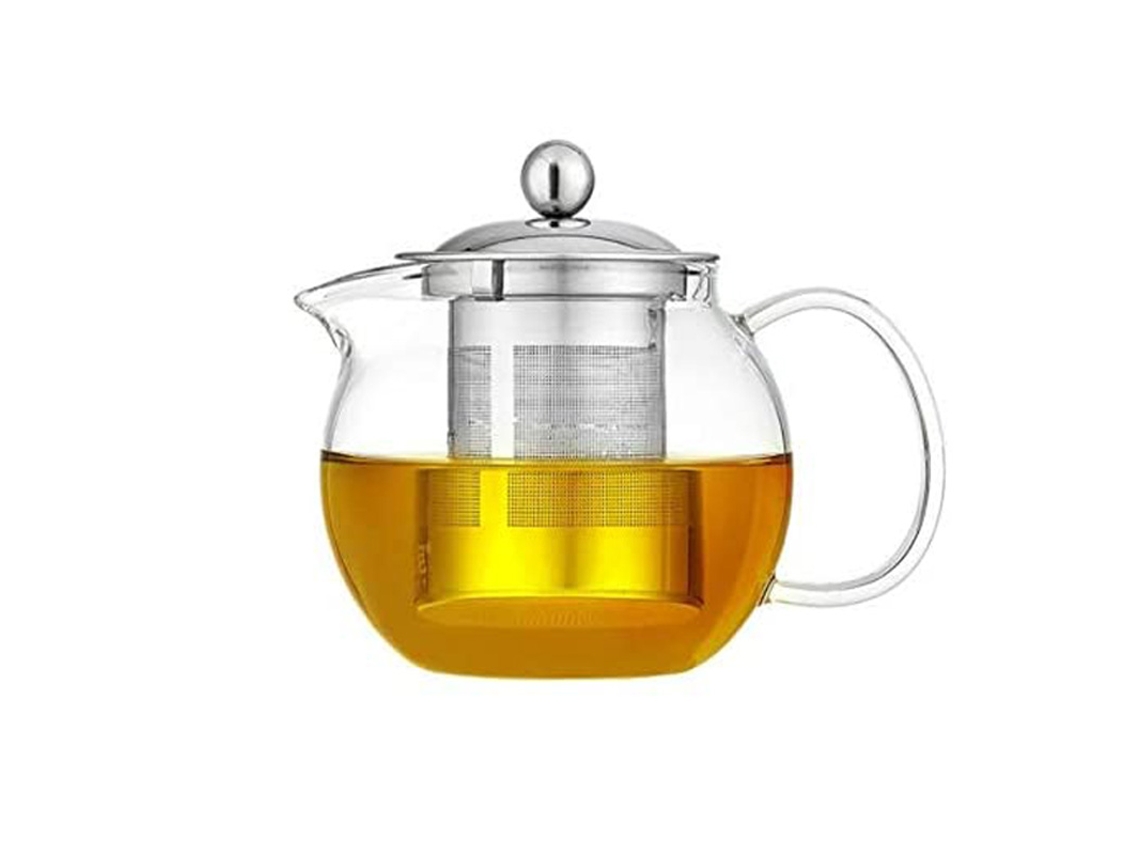 Bule com Coador e Tampa em Inox Bule em Vidro Borosilicato Adequado para Fogão Flores e Folhas Soltas Pote Redondo em Vidro 650 Ml