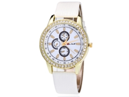 Relógio de Pulso Feminino de Quartzo Casual com Pulseira de Couro Pu Esfera Redonda Branco