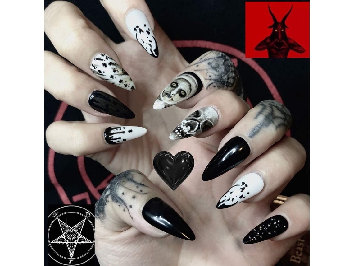Unhas Postiças Prensadas Sobre Unhas Caixão Acrílico Cobertura Completa Unhas Postiças Paraes E Meninas 24 Unidades Caveira Preta*