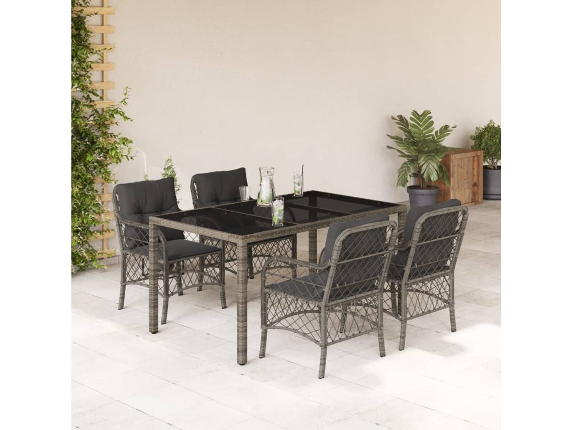 Conjunto 5 Peças Jantar P/ Jardim C/ Almofadões Vime Pe Cinza Dkd Home Decor