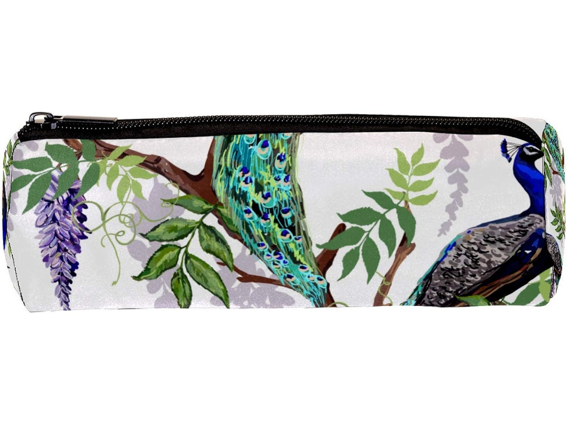 Este item retrô com estampa de pavão em uma árvore é ideal para material escolar, organizador de mesa e um acessório indispensável.