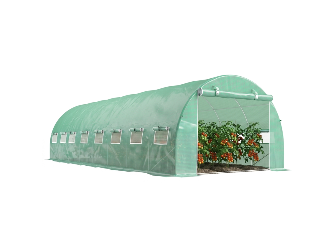 Estufa De Jardim Tunnel 24m² 8l X 3l X 2h M - 16 Fenêtres, Porta Zippée Enroulable Acier Galvanisé, Bâche Pe, Verde
