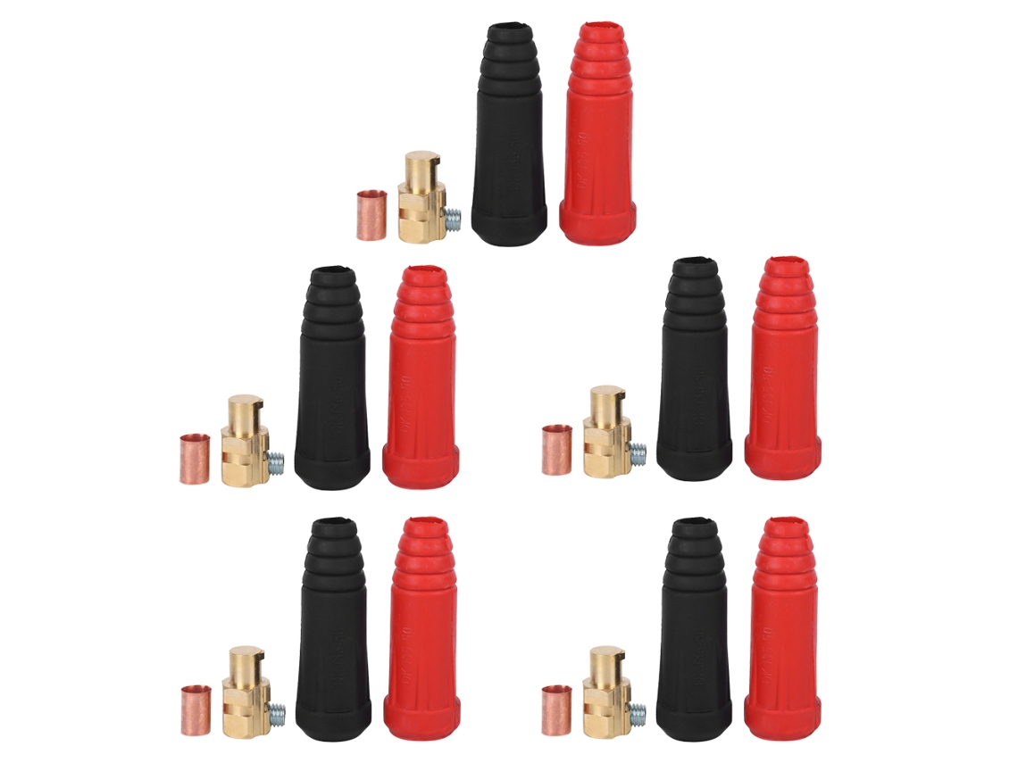 Conjunto de 5 Conectores de Cabo para Soldagem Elétrica, Encaixe Rápido, Tipo UE, Longos, Pretos, 35-50mm