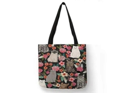 Bolsa de Compras Feminina com Estampa Floral Gatinho Desenho Animado, Ombro em Tecido Linho, Ec Ológica, Reutilizável e do GOKOCO