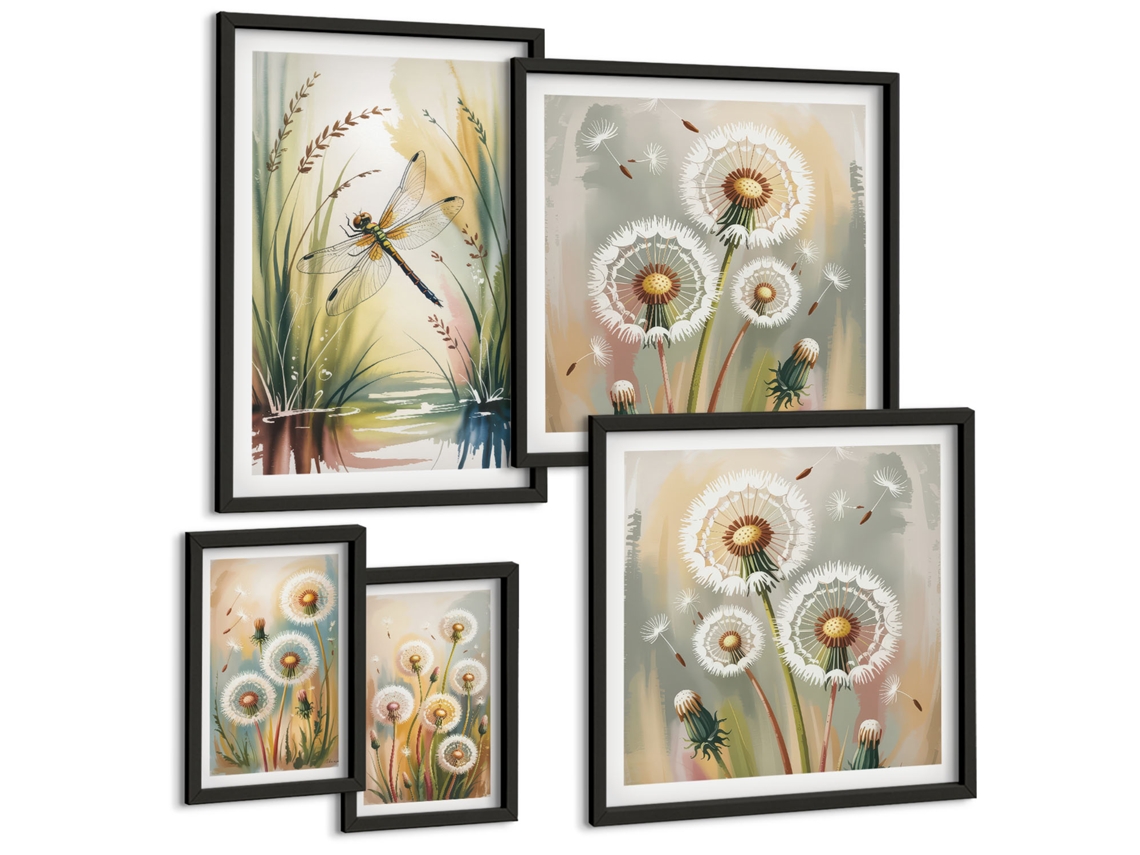 Pinturas Murais Modernas Flores, Retrato Intenso De Uma Mulher Moldura Preta Quadros Para A Sala De Estar Espelharte (conjunto De 5 Imagens)