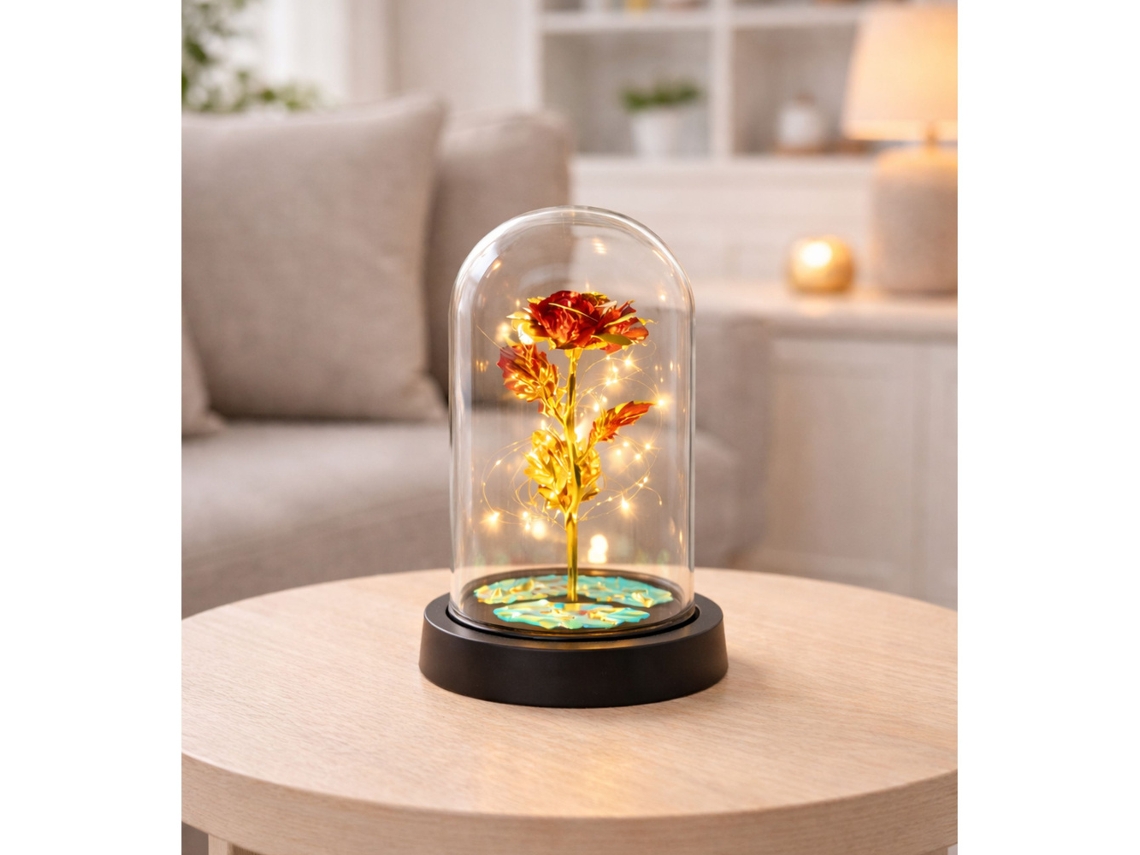 Rosa De Cristal Eterna Em Cúpula Com Iluminação Led Vermelha 21x11cm