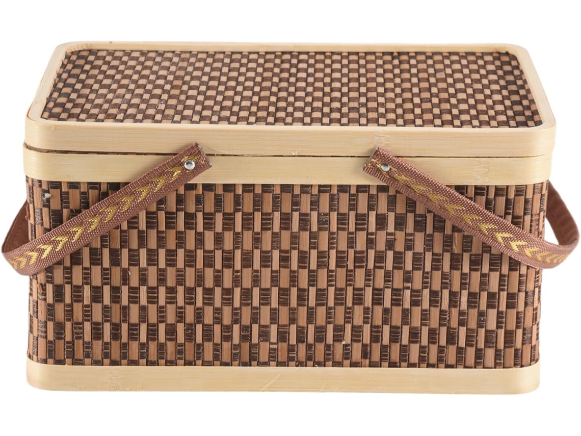 1 Cesta De Bambu Natural Escura Trançada Com Tampa, Feita À Mão, Para Lanches E Pães Gokoco