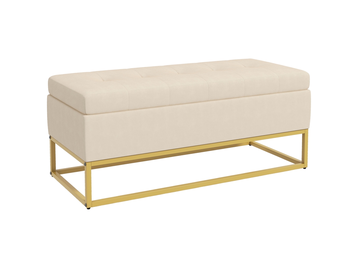 Banco de armazenamento estofado com tampa articulada em veludo, 110x44x49cm, bege | S/MARCA
