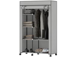 Roupeiro De Tecido Dobrável Com 6 Prateleiras 1 Barra De Pendurar E Rodas Para Dormitório Vestidor 103x43x162,5 Cm Cinza