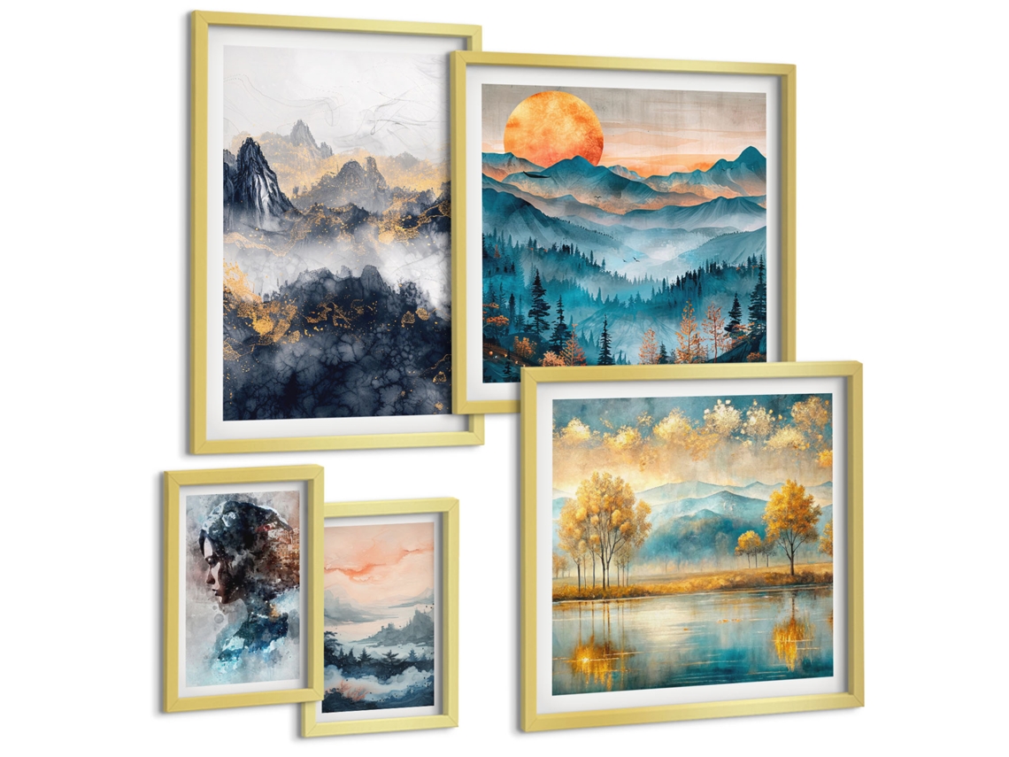 Pinturas Murais Modernas Limonada, Pátio, Sol Moldura Dourada Imagens Para Um Quarto Infantil Espelharte (conjunto De 5 Imagens)