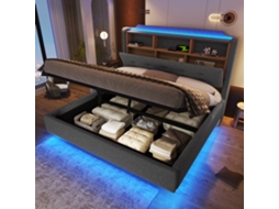 Cama Box Casal 140x200cm, Painel Iluminado Com Led, Baú Hidráulico, Gavetas, Design Suspenso, Sem Colchão, Entradas Usb-c, Linho, Cinza.