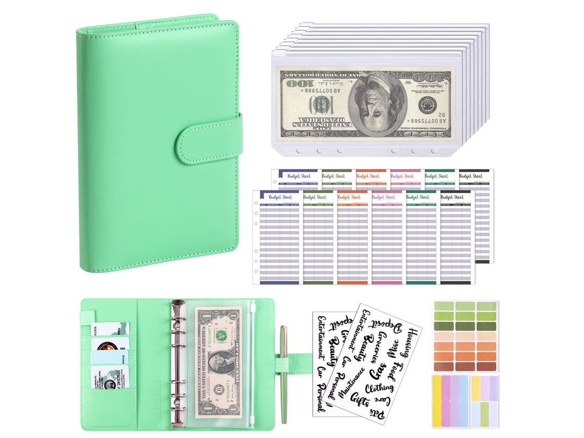 A6 Pu Leather Budget Cash Binder With Zipper Pockets, Macaron Green Cover, Includes 8-zipper Pockets, 12 A6 Cash Budget