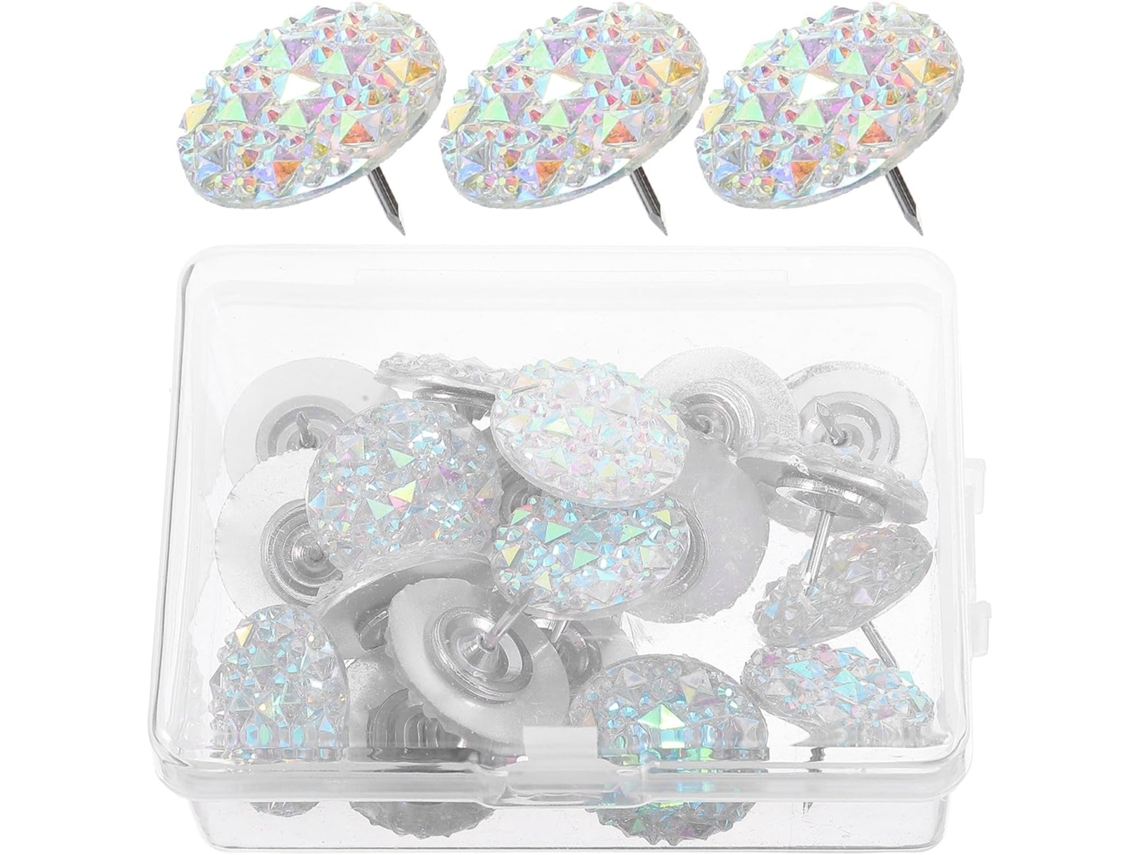 Tachinhas de resina com strass, reutilizáveis para fixar objetos em blocos de notas ou papel infantil, pintadas à mão.