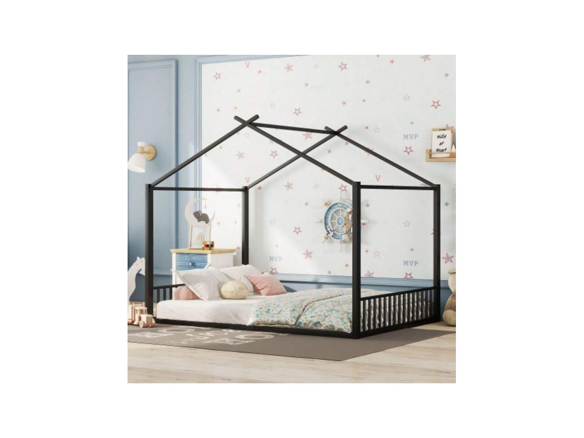 Cama Metálica 140x200cm Preta Para Crianças, Com Estrutura Plana E Proteção Lateral, Resistente E Segura.
