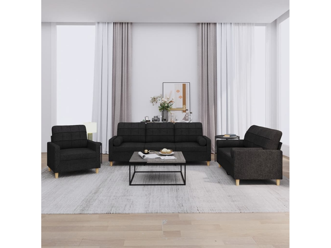 Vidaxl 3 Pcs Conjunto De Sofás Com Almofadas Tecido Preto