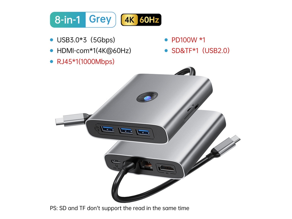 Yizhood Docking Station USB 3.0 Hub Tipo C Adaptador para 4k60hz Rj45 Pd Suporte Hdmi Cinza